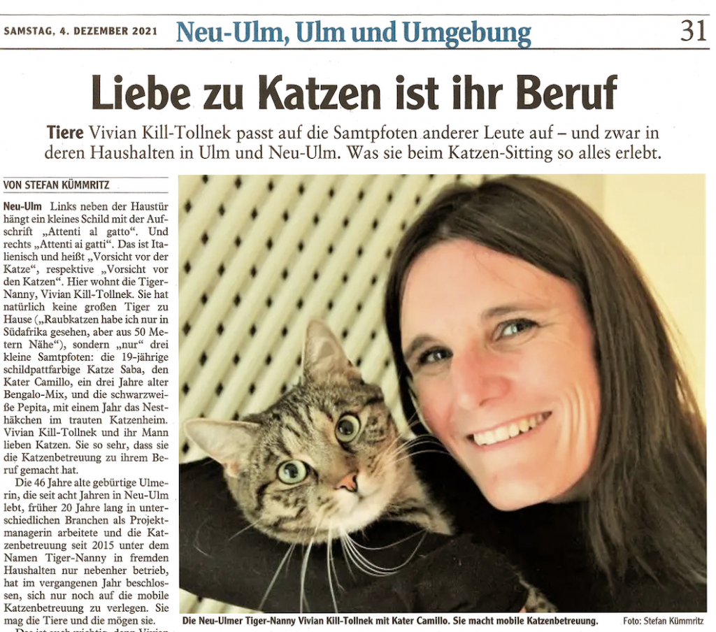 Über mich Zeitungsartikel Tiger-Nanny (Vivian), Mobile Katzenbetreuung Ulm/Neu-Ulm
